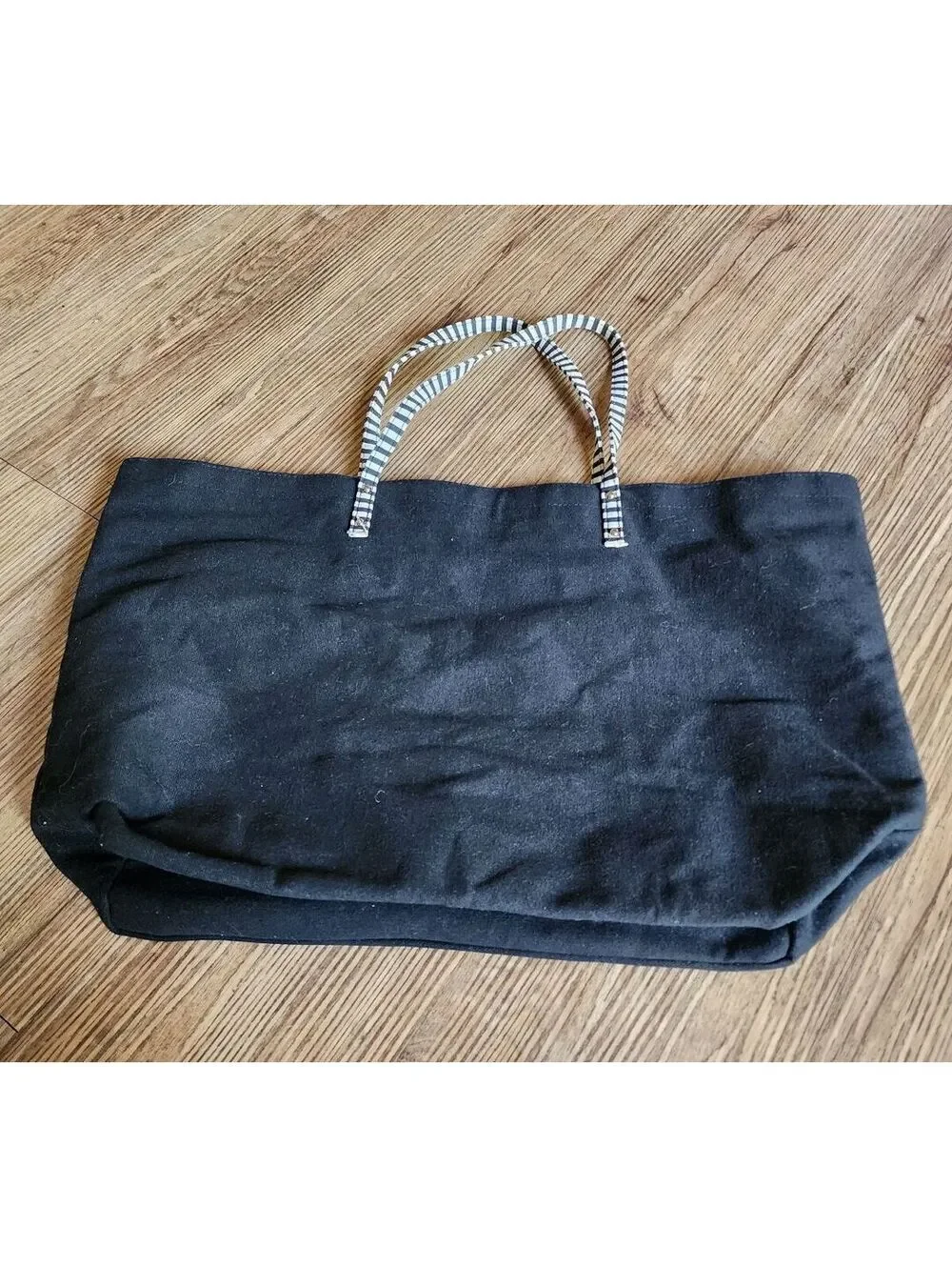 Victoria's Secret Black Canvas Tote Bag with Pink Logo and Striped Handles